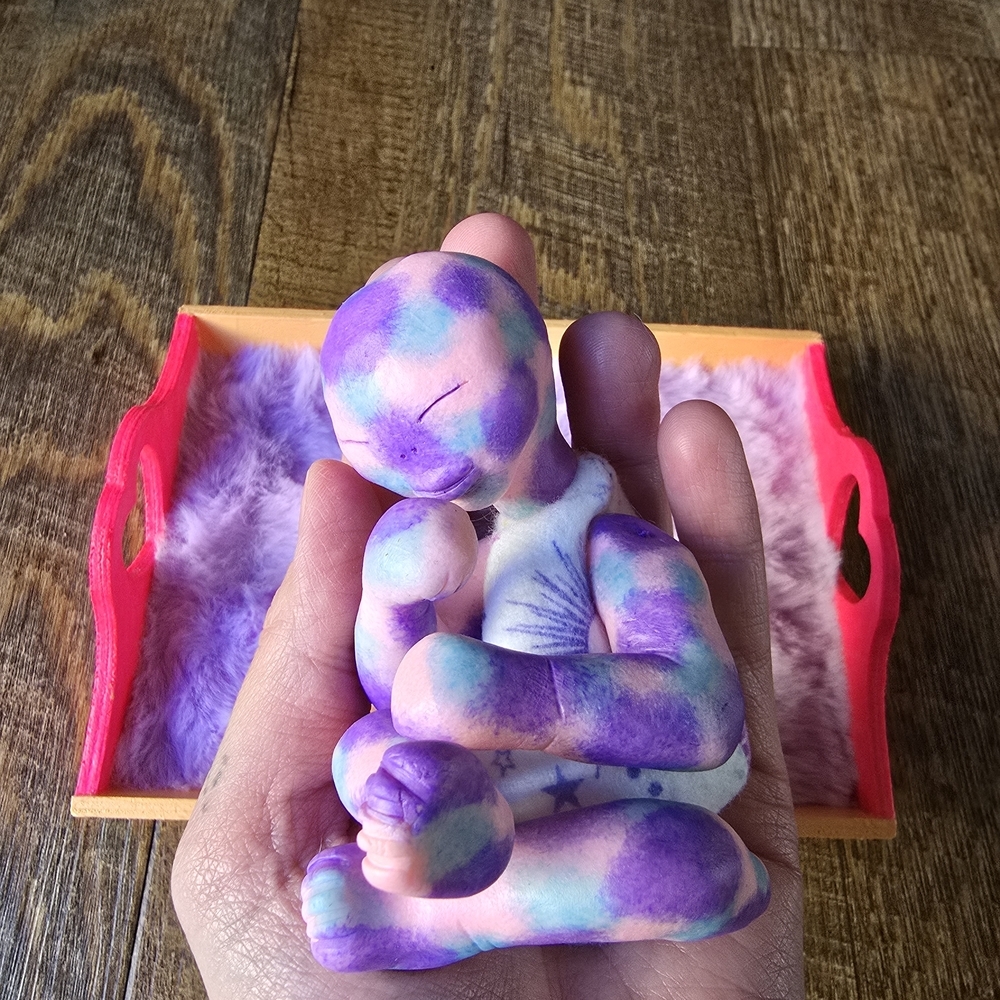 Handmade Alien Girl Polymer Clay Doll and Crib